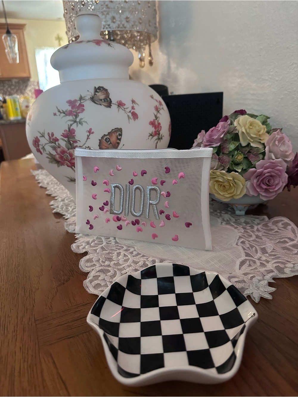 Dior White Pouch with Pink Heart Confetti and Silver Logo